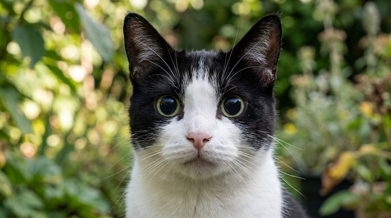 Un retrato en primer plano de la cabeza de un gato blanco y negro con los ojos muy abiertos y las pupilas dilatadas, fon
