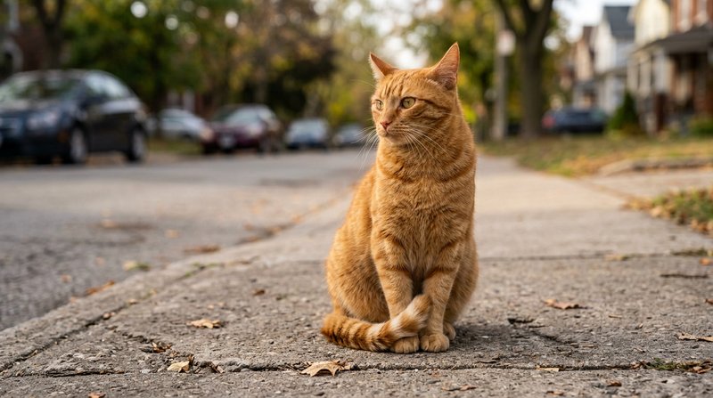 Un gato naranja sentado en una acera con las orejas erguidas y giradas hacia un lado, atento a un sonido lejano, calle t