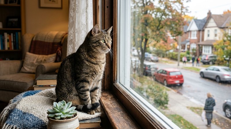 Un gato doméstico sentado en el alféizar interior de una ventana observando la calle a través del cristal, ambiente hoga