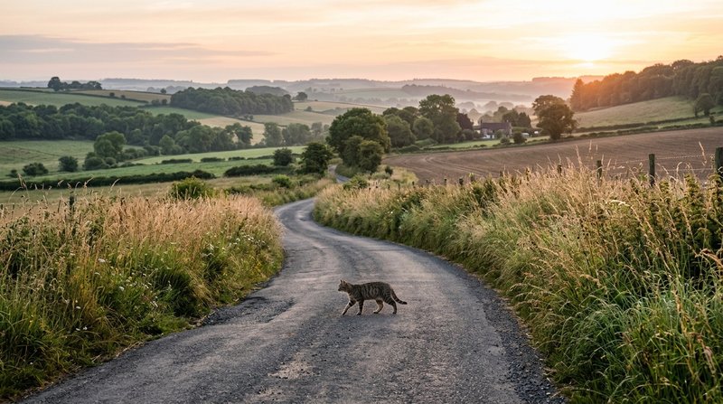 Un gato pequeño cruzando un camino rural bordeado de hierba alta, visto a media distancia dentro de un paisaje amplio de