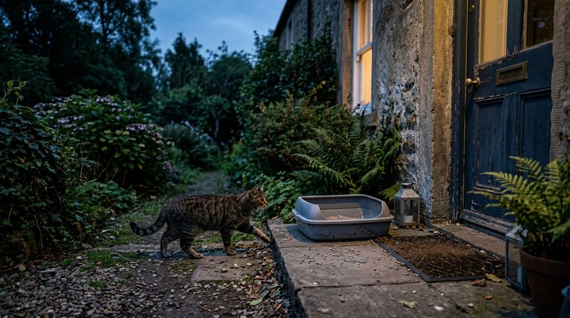 Una bandeja de arena para gatos colocada en el escalón de la puerta de una casa al anochecer, con un gato acercándose de