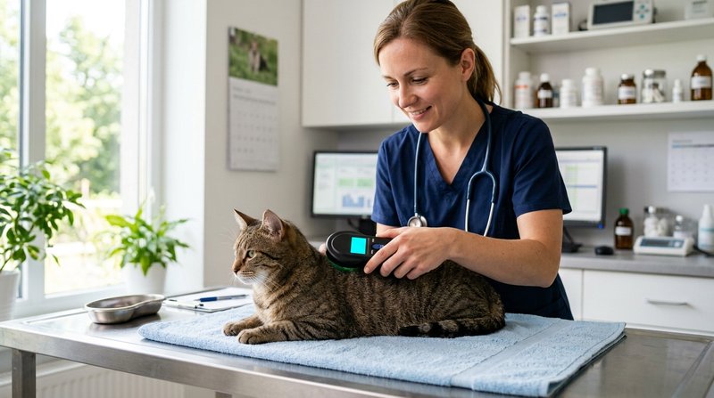 Una veterinaria pasando un lector manual sobre el lomo de un gato tranquilo tumbado en la mesa de una consulta, ambiente