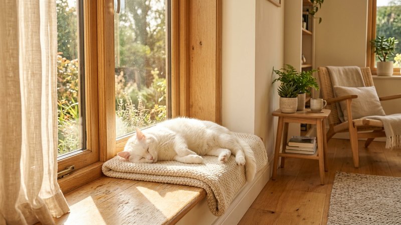Un gato blanco tomando el sol junto a una gran ventana en una sala luminosa, rayos de luz dorada entrando de lleno, cort