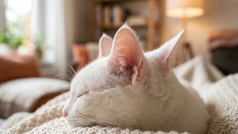 Un primer plano de las orejas de un gato blanco de pelaje claro iluminadas por luz suave, fondo hogareño desenfocado en
