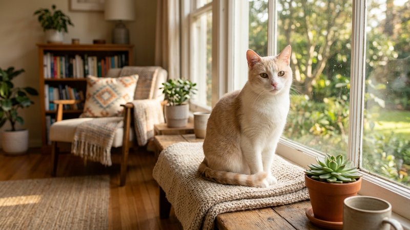 Un gato de hocico claro y rosado sentado con calma cerca de una ventana soleada, luz natural suave sobre su cara, fondo