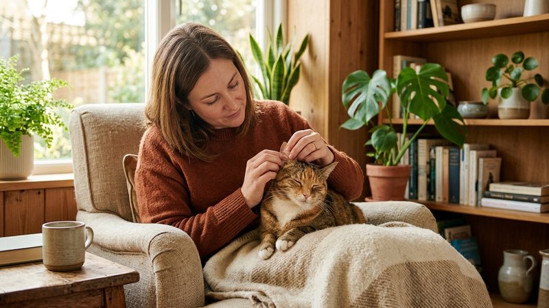 Una persona revisando con delicadeza la oreja de un gato tranquilo sobre su regazo en un salón luminoso, luz cálida de t