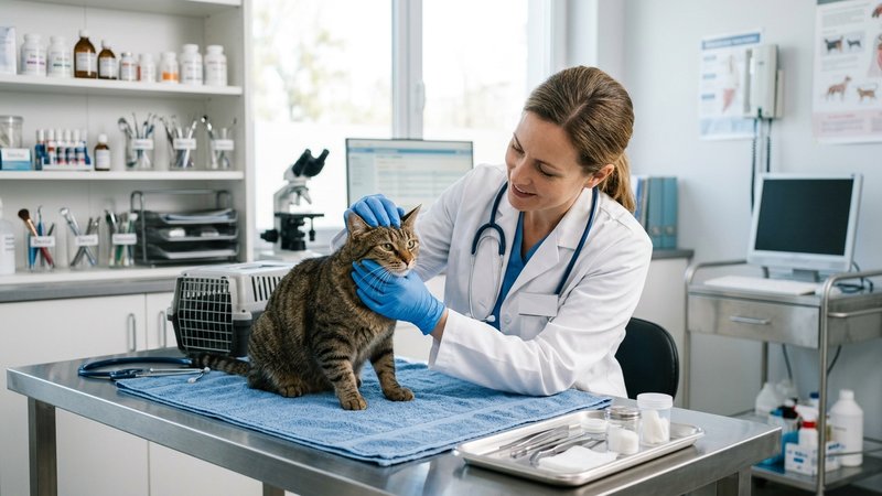 Un veterinario con bata examinando con suavidad la cara de un gato calmado sobre una camilla en una clínica luminosa y l