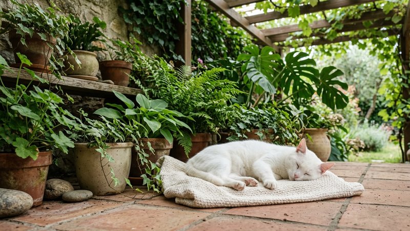 Un gato blanco descansando plácidamente en un rincón de sombra fresca de un patio hogareño, plantas verdes alrededor y l