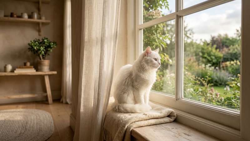 Un gato blanco mirando por una ventana con lámina o cortina que filtra la luz del sol en una sala cálida, tonos suaves,