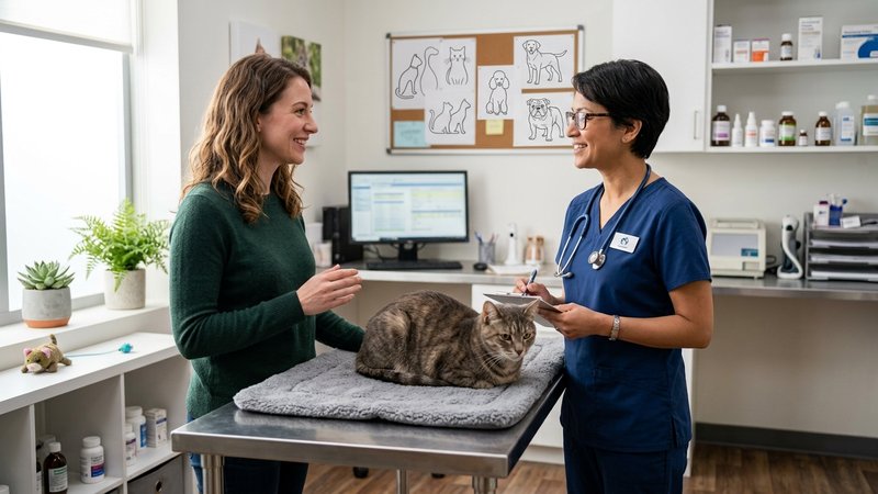 Una dueña conversando con un veterinario en una clínica luminosa mientras un gato tranquilo permanece sobre la camilla e