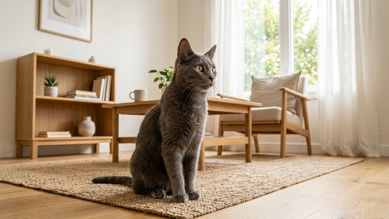 Un gato gris sentado y alerta observando su entorno con las orejas atentas, en una sala luminosa con muebles de madera c
