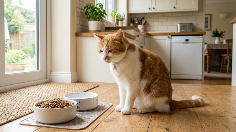 Un gato blanco y naranja junto a su plato de comida casi lleno y un bebedero, con actitud apatica y sin apetito, en una
