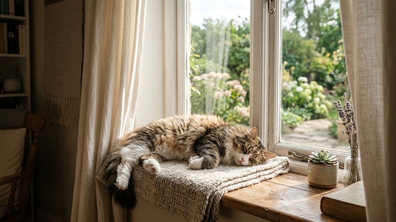 Un gato adulto de pelo largo descansando tranquilo y a cierta distancia sobre el alfeizar de una ventana soleada, con co