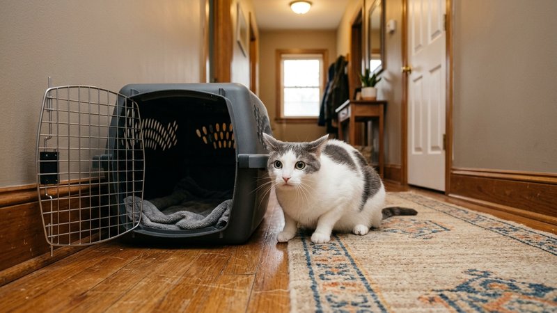Un gato blanco y gris sobresaltado y con las orejas hacia atras cerca de un transportin abierto en el pasillo, luz calid