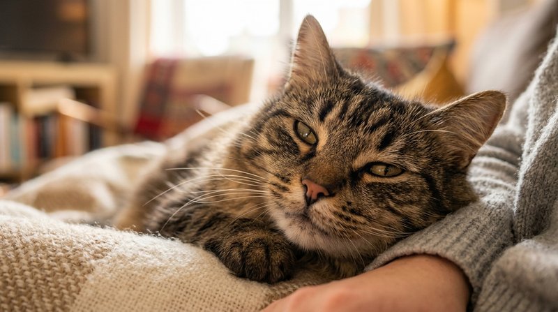 Un gato mirando a su dueño con los ojos entornados en un parpadeo lento y relajado, primer plano de la cara serena, luz
