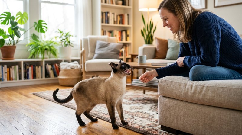 Un elegante gato siamés de ojos azules intensos maullando hacia su dueño en un salón luminoso, postura comunicativa y ex
