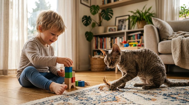 Un curioso gato devon rex de orejas grandes y pelaje rizado jugando cerca de un niño en el suelo de un salón, escena tie