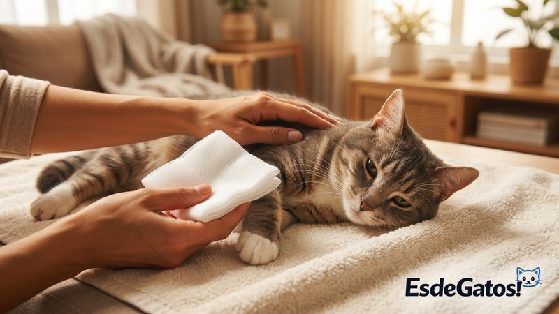 Unas manos sosteniendo con delicadeza una gasa limpia junto a un gato tranquilo tumbado sobre una toalla clara, en el am