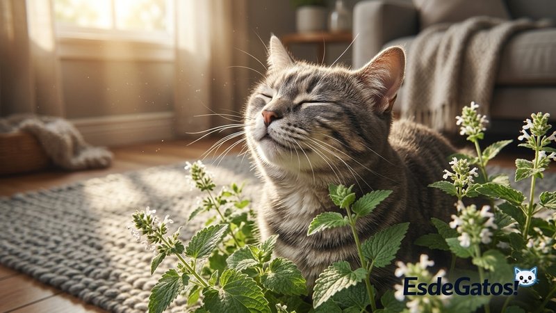 Un gato gris frotándose con placer contra una mata de menta gatera de flores blancas en el rincón soleado de un salón ho
