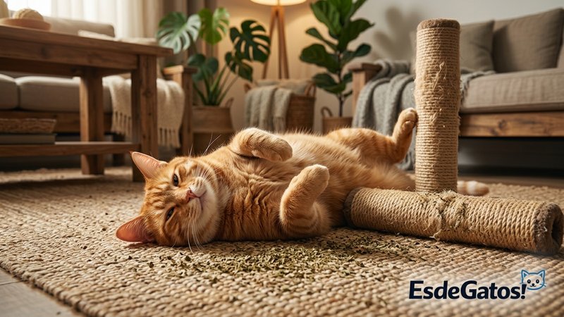 Un gato naranja rodando extasiado sobre una alfombra donde su dueña ha espolvoreado hierba seca de catnip junto a un ras
