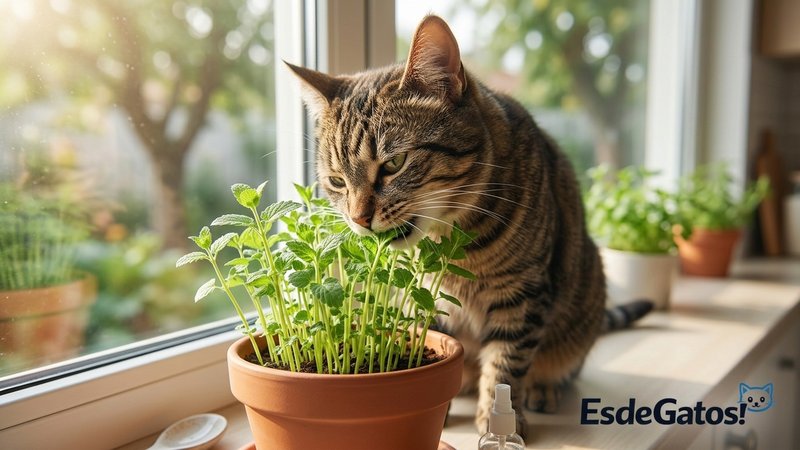 Un gato atigrado comiendo brotes verdes de hierba gatera recién crecida en una maceta sobre el alféizar de la cocina, ta