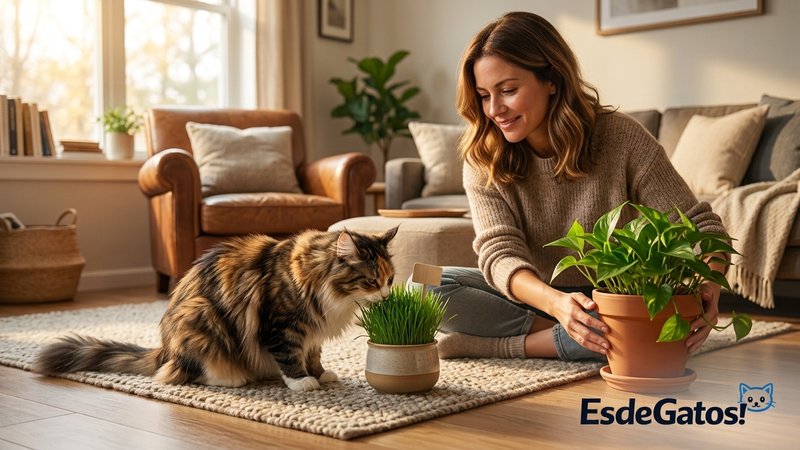 Un gato de pelo largo mordisqueando con calma la hierba verde de su propia maceta en el salón, mientras su dueña, sentad