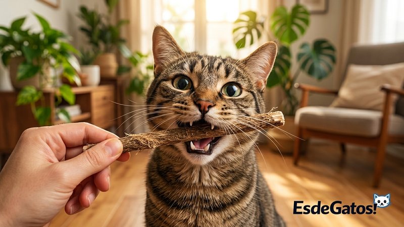 Un gato entusiasmado mordiendo un palito de matatabi que le acerca su dueño en un salón cálido, expresión de excitación