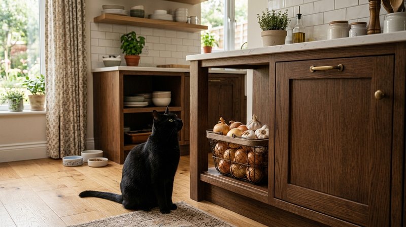 Un armario de cocina con la puerta cerrada donde se guardan cebollas y ajos en una cesta, con un gato negro sentado en e