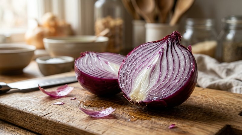 Una cebolla morada cortada por la mitad sobre una tabla de madera, con las capas y su brillo húmedo en primer plano deta