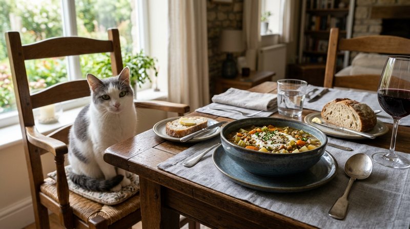 Un plato hondo de sopa servido en una mesa de comedor bien recogida, con un gato blanco y gris sentado tranquilo en una