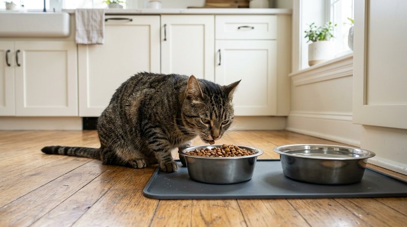 Un gato atigrado comiendo de su propio cuenco de acero con pienso en el suelo de una cocina limpia, junto a un bebedero