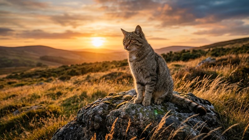 Un gato de aspecto montés y solitario posado sobre una roca en un entorno natural al atardecer, con hierba baja alrededo