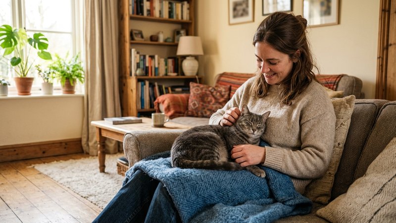 Una persona acariciando y jugando con un gato gris acurrucado en su regazo en un salón acogedor, luz cálida de tarde, mu