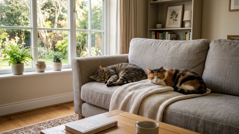 Dos gatos relajados descansando cerca uno del otro sobre un sofá en una sala tranquila y ordenada, luz cálida de tarde e