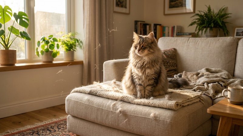 Un gato de pelo largo y esponjoso sentado sobre un sofá claro de un salón cálido, con pelo suelto flotando en el aire y