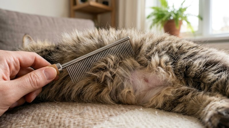 Un primer plano de un peine metálico deshaciendo con cuidado un nudo en el pelaje largo del costado de un gato, mostrand