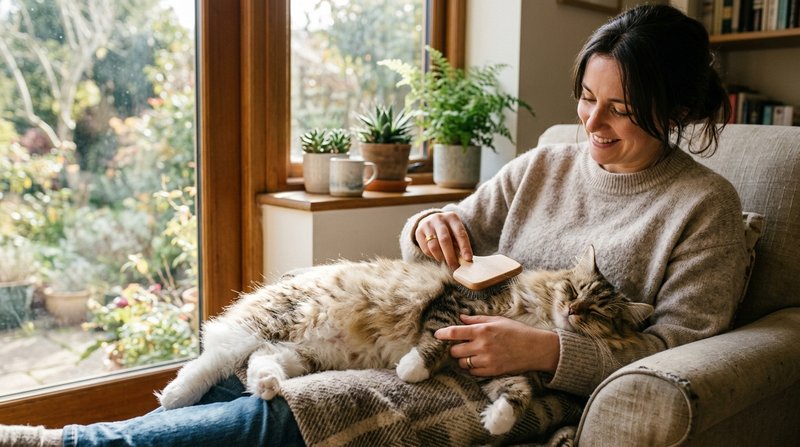 Una persona cepillando a diario a un gato de pelo largo recostado en su regazo junto a una ventana luminosa, el gato rel