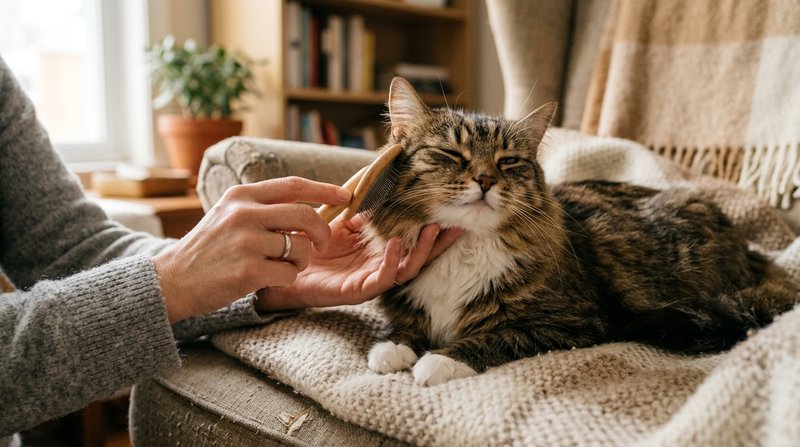 Un breve momento de cepillado a un gato que disfruta con los ojos entornados mientras una mano lo peina con suavidad, ex