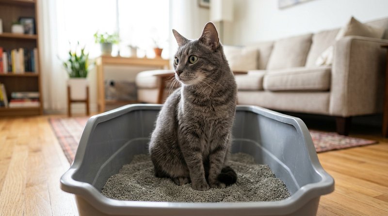 Un gato gris sentado dentro de un arenero abierto amplio, con las orejas atentas y la mirada girada hacia un lado, arena