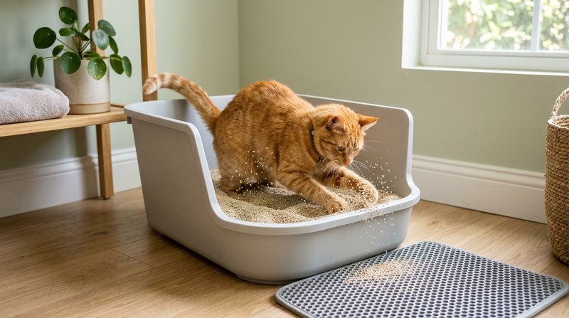 Un gato naranja rascando con energía la arena de una bandeja abierta de bordes altos, con una alfombrilla atrapaarena a
