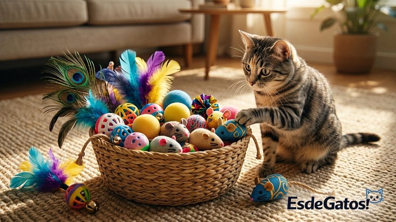 Una cesta llena de juguetes para gato, con cañas de plumas, pelotas y ratones de tela, sobre la alfombra del salón y un