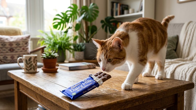 Un gato blanco y naranja acercándose con curiosidad a una tableta de chocolate con leche sobre una mesa de salón luminos