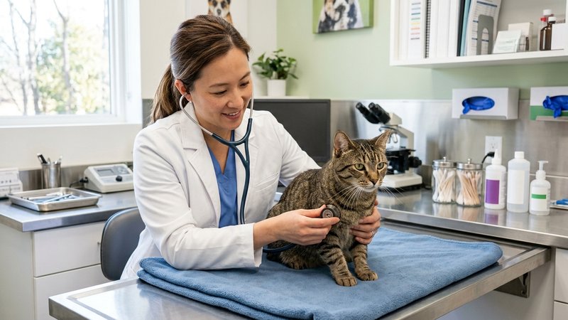 Un veterinario con bata auscultando con un estetoscopio a un gato atigrado tranquilo sobre una camilla en una clínica lu