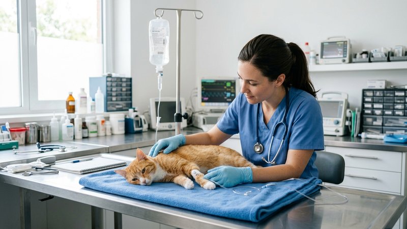 Un veterinario atendiendo con delicadeza a un gato conectado a un suero sobre una camilla en una clínica luminosa y pulc