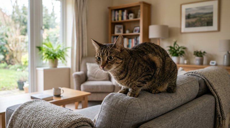 Un gato en alerta sobre el respaldo de un sofá, con las orejas giradas y las pupilas dilatadas, salón hogareño ordenado