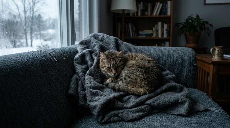 Un gato encogido en un rincón del sofá sobre una manta arrugada, con la mirada baja y el cuerpo tenso, salón silencioso,