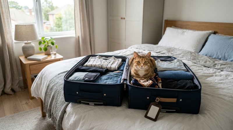 Una maleta abierta sobre la cama con ropa doblada y un gato sentado dentro observando a la cámara, dormitorio ordenado,