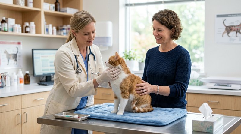 Una veterinaria con bata clara explorando con suavidad a un gato tranquilo sobre la mesa de consulta mientras su dueña l