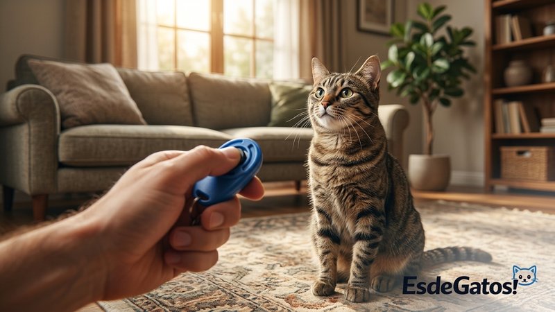 Un clicker de adiestramiento en la mano de una persona junto a un gato atento, en el salón