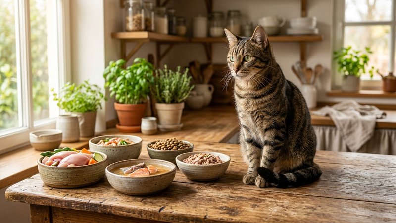 Un gato sano de pelaje brillante sentado junto a varios cuencos con alimentos naturales sobre una mesa de madera de coci